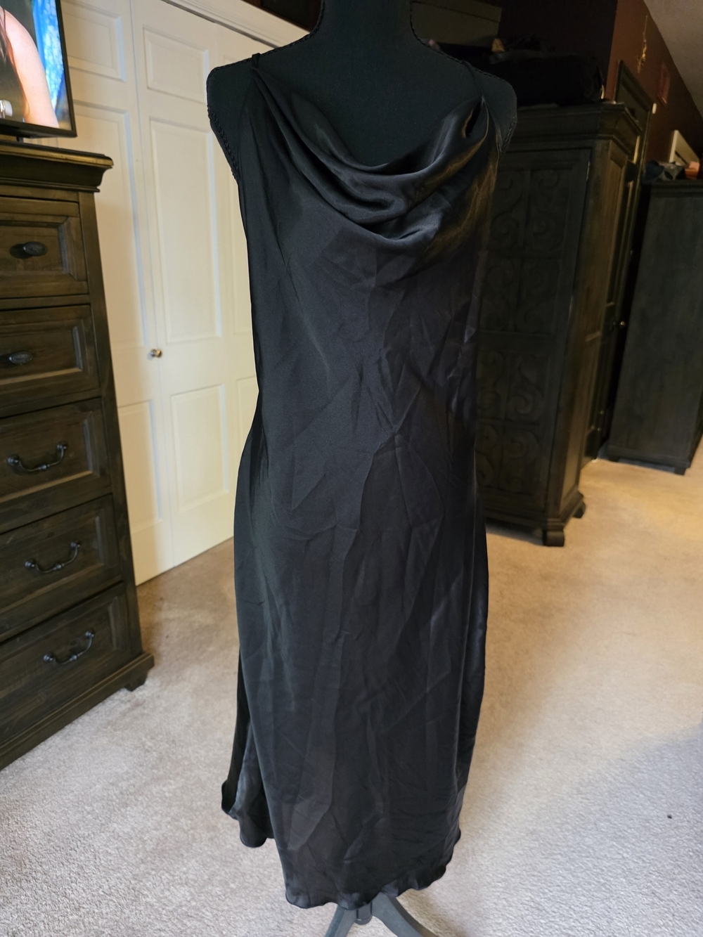 Bebe Black Satin Cowl Neck Slip Dress | XL | Adjustable Straps | Midi Dress